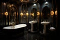 Bathroom in the hotel of Futuristic Style Victorian Romance. Choose Victorian-inspired fixtures. AI Generated