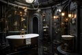 Bathroom in the hotel of Futuristic Style Victorian Romance. Choose Victorian-inspired fixtures. AI Generated