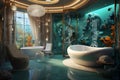 Bathroom in the hotel of Transitional Style Underwater Theme. Use aquatic colors. AI Generated