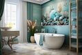 Bathroom in the hotel of Transitional Style Underwater Theme. Use aquatic colors. AI Generated