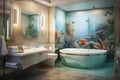 Bathroom in the hotel of Transitional Style Underwater Theme. Use aquatic colors. AI Generated