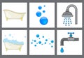 Bathroom icon set. Collection of  bathtub with bubble and foam, tap and shower. Vector illustration isolated on white Royalty Free Stock Photo