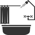 Bathroom icon with shower, bathtub and curtain.