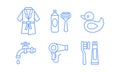 Bathroom icons set, bathrobe, razor, shaving gel, water tap, hairdryer, toothbrush and paste linear symbols vector Royalty Free Stock Photo