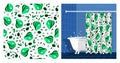 Bathroom interior with bathtub and curtain decorated Avocado cutting fruit seamless pattern with leaves and flowers. Vector