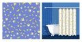 Bathroom interior with bathtub and curtain decorated Ripe peeled yellow banana with bitten off part of fruit seamless pattern. Royalty Free Stock Photo