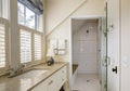 Bathroom interior with beautiful tile wheelchair accessible shower