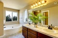 Bathroom interior with beige walls and tile flooring. Royalty Free Stock Photo