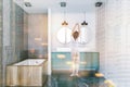 Bathroom interior with blue sink and bathtub toned Royalty Free Stock Photo