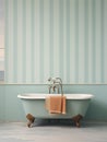 Bathroom interior with cast iron bathtub with copper faucet in retro style. Vintage aesthetics. Generative AI