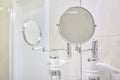 Bathroom interior, close-up make-up mirror and hairdryer Royalty Free Stock Photo