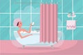 Bathroom interior with curtain, towel and steam. Girl in shower cap taking a bath full of soap foam. Relaxing girl in bathroom Royalty Free Stock Photo