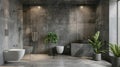 Bathroom interior design in luxury apartment or hotel, concrete room with shower and green plants. Concept of contemporary style, Royalty Free Stock Photo