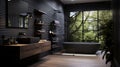 Bathroom interior design with matte black bath and modern shower. Royalty Free Stock Photo