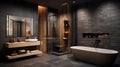 Bathroom interior design with matte black bath and modern shower. Royalty Free Stock Photo