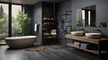 Bathroom interior design with matte black bath and modern shower Royalty Free Stock Photo