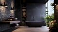 Bathroom interior design with matte black bath and modern shower. Royalty Free Stock Photo