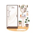 Bathroom interior design with modern furniture. Shower enclosure, mirror, sink, washbasin, house plant and towels. Cozy