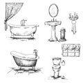 Bathroom interior elements. hand drawn. Bathtub, t