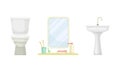 Bathroom interior elements set. Toilet bowl, sink and mirror cartoon vector illustration Royalty Free Stock Photo