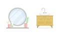 Bathroom interior elements set. Washbasin cabinet and circle mirror cartoon vector illustration Royalty Free Stock Photo