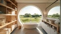 Bathroom interior with enormous round mirror, tub, shower, large picture window overlooking the countryside, glass divider, and Royalty Free Stock Photo