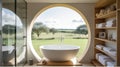 Bathroom interior with enormous round mirror, tub, shower, large picture window overlooking the countryside, glass divider, and Royalty Free Stock Photo