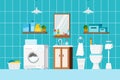 Bathroom interior with furniture, cosmetic beauty products, toilet and washing machine scene