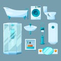 Bathroom interior furniture and different equipment. Vector illustrations in cartoon style Royalty Free Stock Photo