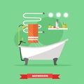 Bathroom interior with furniture. Vector illustration in flat style. Design elements, bathtub, shelves, heated towel