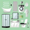 Bathroom interior furniture. Vector illustration in flat style. Design elements, bathtub, washing machine, shower Royalty Free Stock Photo