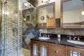 Bathroom interior with grey tiles and wak in shower with dark wood classic vanity with black countertop and two mirrors