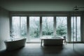 Bathroom interior with large full-wall window and bathtub with faucet.