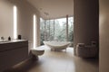 Bathroom interior with large full-wall window and bathtub with faucet.