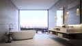 Bathroom interior with a panoramic view of the city. Amazing view thru big window, modern concept of bathroom