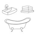 Bathroom interior set. Vintage bath tube, sink with a water tap, folded bath towels