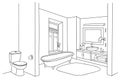 Bathroom interior sketch. Room view, doodle drawn bath furniture