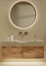 Bathroom Interior. Stone wash basin on wooden cabinet, round mirror. Modern interior. 3d rendering