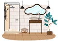 Bathroom interior vector illustration. Shower stall, sink, mirror, houseplant, wicker basket, chandeliers. Royalty Free Stock Photo