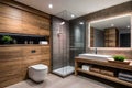 Bathroom interior with walk-in shower, vanity, and toilet, natural materials, big mirror, LED lighting, towels, indoor plants Royalty Free Stock Photo