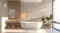 Bathroom interior with a white bathtub and wooden walls. 3d rendering.