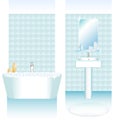 Bathroom interiors set with bathtube and wash sink. Walls with tiles. Blue and white colors