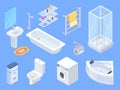 Bathroom isometric. Bathrooms interior isometrics elements, toilet water closet and towel dryer, washbasin and shower Royalty Free Stock Photo