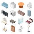 Bathroom isometric furniture set toilet sink washing machine shower modern room cutaway flat design isolated icons