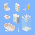 Bathroom isometric set. Controlled shower washing machine wash hand basin bathtub faucets toilet bowl with tank holders