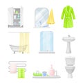 Bathroom Items with Pieces of Furniture and Lavatory Equipment Vector Set