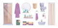 Bathroom items. Toilet hygiene elements shower sanitary equipment exact vector cartoon bathroom tools