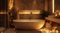 A bathroom with a large bathtub and lights in the room, AI