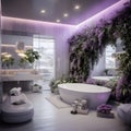a bathroom with a large tub and a plant on the wall Modern interior Bathroom with Lavender color