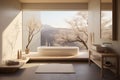 Bathroom in light shades in minimalistic Japanese style with large floor-to-ceiling window